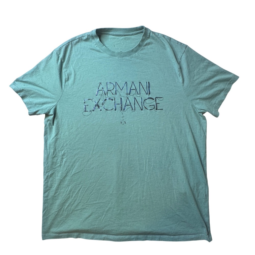Armani Exchange T-Shirt Mens L Teal Blue Graphic Logo Crew Neck Short Sleeve Top